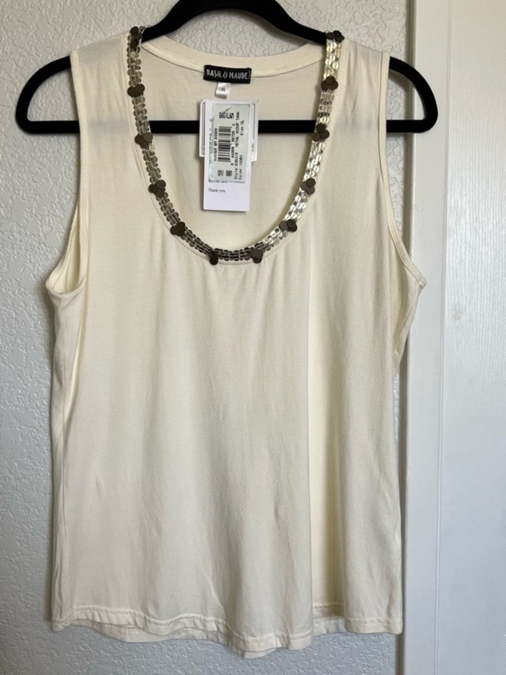 Basil & Maude Anthropologie Ivory Sequin Trim Sleeveless Tank Top NWT